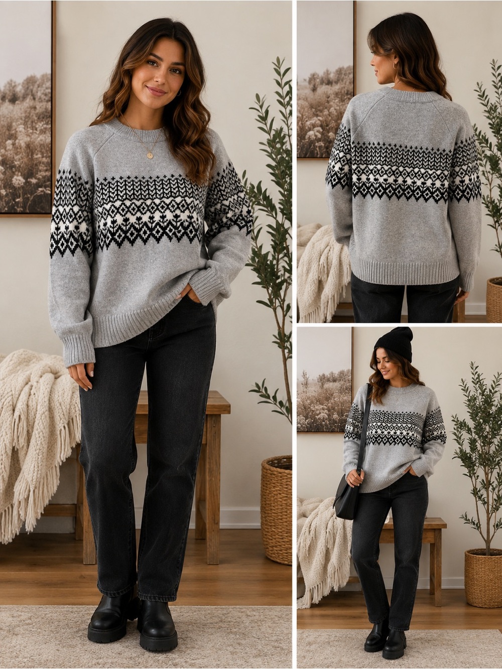 Aerie Gray Fair Isle Nordic Crewneck Sweater | Size Large